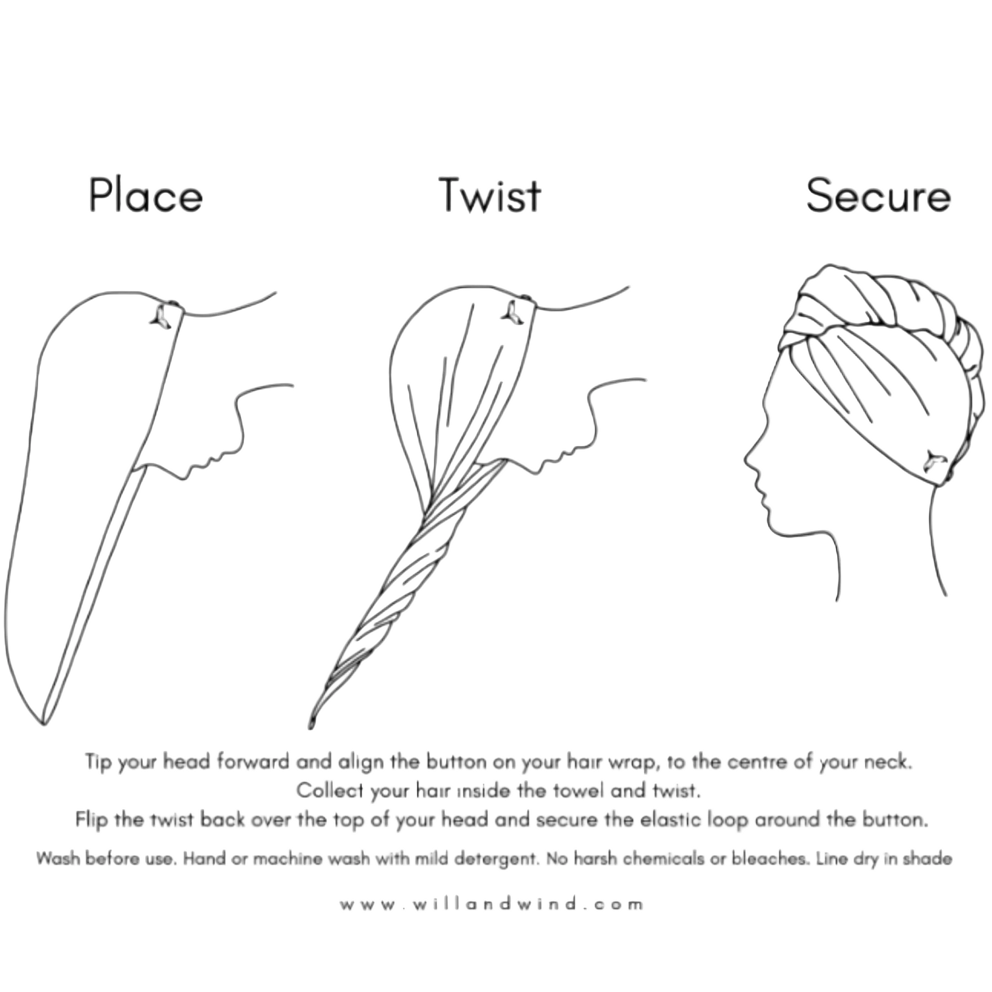 Step by step instruction guide diagram for twisting and button fastening a Will and Wind quick dry microfibre hair wrap turban.