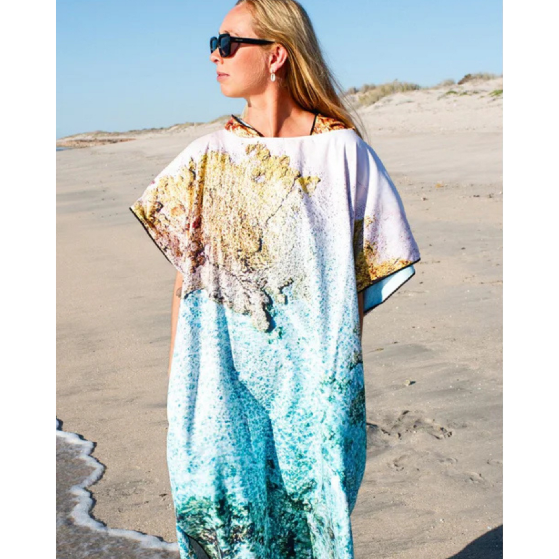 Will and Wind Kalbarri adult hooded towel poncho front view. Sustainable sand free quick dry changing robe, fast shipping Australia wide.