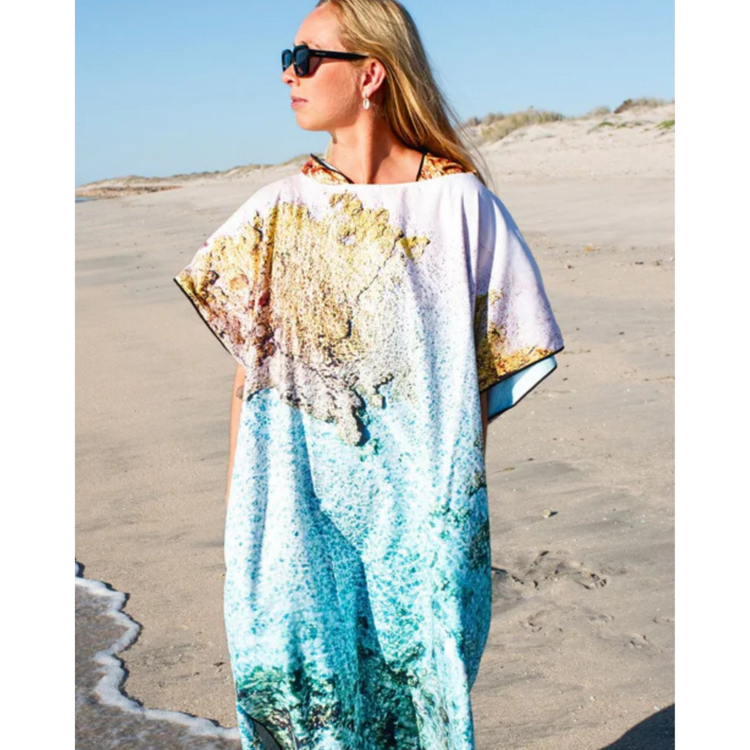 Will and Wind Kalbarri adult hooded towel poncho front view. Sustainable sand free quick dry changing robe, fast shipping Australia wide.