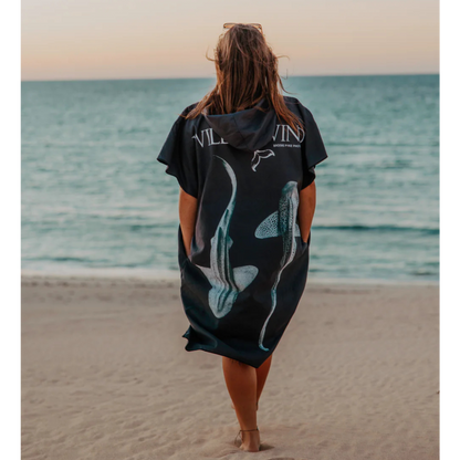 Will and Wind Leopards Yin Yang adult hooded poncho towel back view. Premium eco friendly rPET microfiber surf changing robe, Australia wide.
