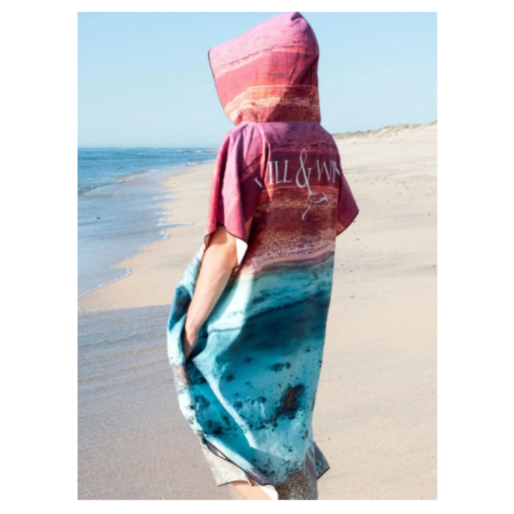 Will and Wind Ningaloo From Above adult hooded poncho towel rear view. Tightly woven recycled plastic swim robe shipped from Australia.
