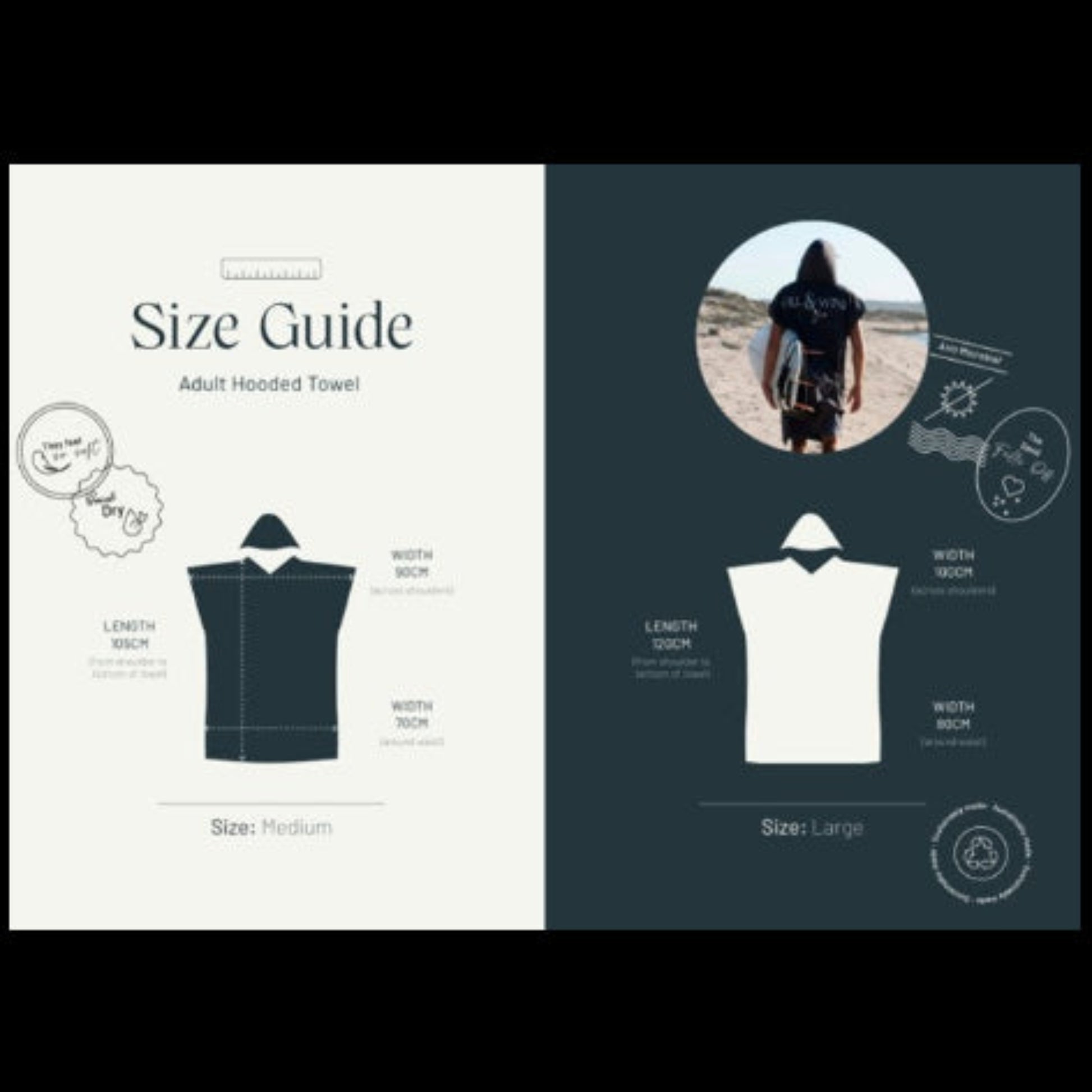 Dimensions measurement and sizing chart guide for the Will and Wind adult recycled microfibre hooded towel poncho range.