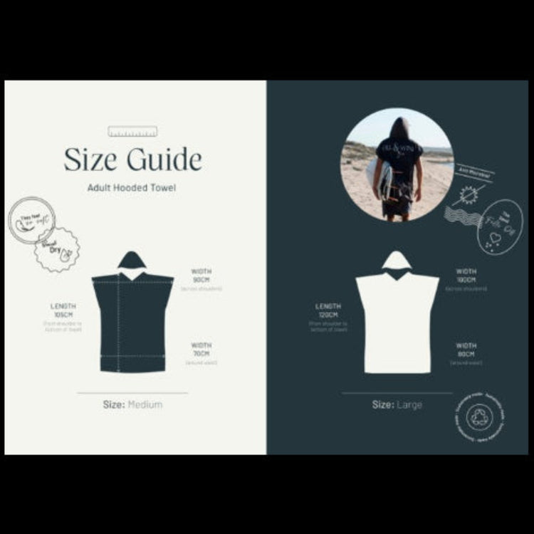 Dimensions measurement and sizing chart guide for the Will and Wind adult recycled microfibre hooded towel poncho range.