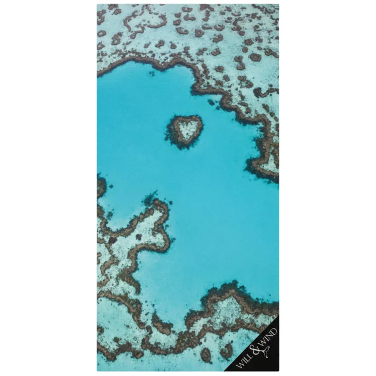 Will & Wind Heart Reef aerial ocean design towel. Eco friendly rPET microfibre travel towel available across Australia.