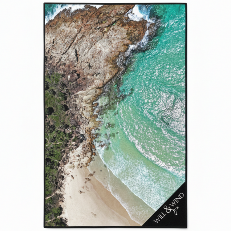 Will and Wind Honeymoon Bay Moreton Island towel. Aerial coastal design sandless quick dry towel, fast shipping Australia wide.