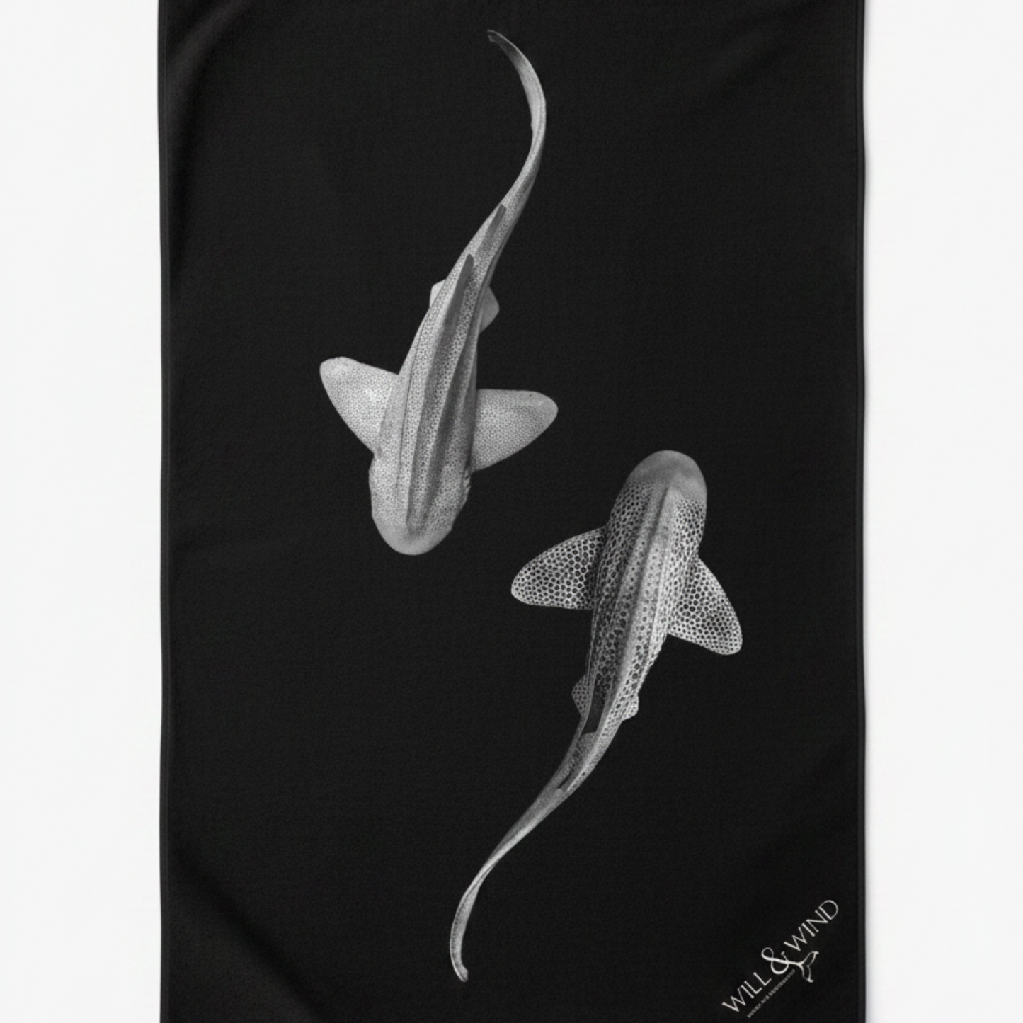 Will & Wind Leopards Yin Yang artistic print towel. Sustainable sand free compact travel and beach towel, Australia wide.