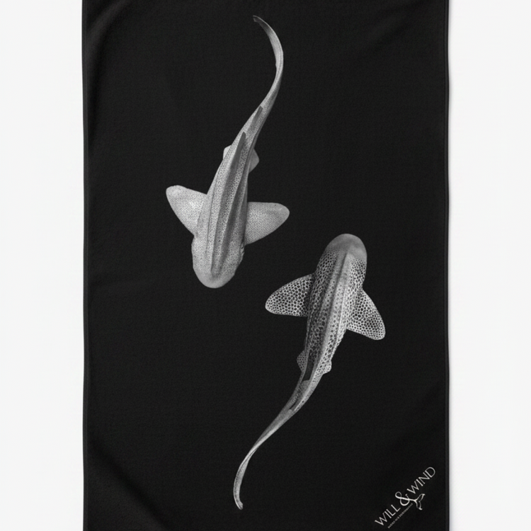 Will & Wind Leopards Yin Yang artistic print towel. Sustainable sand free compact travel and beach towel, Australia wide.
