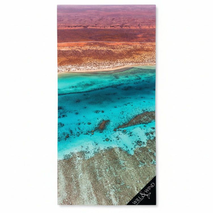 Will & Wind Ningaloo From Above coral reef towel. Sustainable rPET quick dry microfibre travel towel, Australian stock.