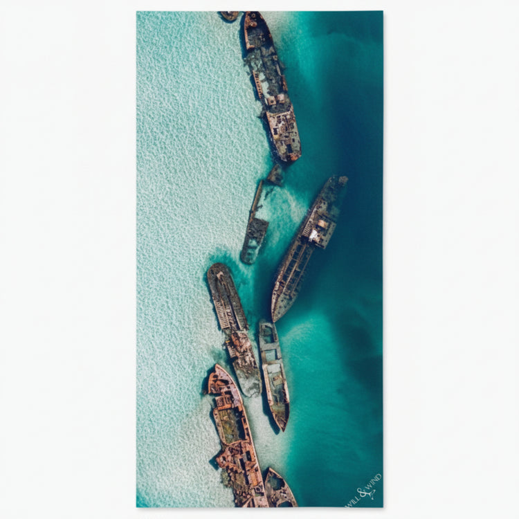 Will & Wind Tangalooma Wrecks drone photography towel. Compact quick dry recycled plastic swim towel, Australian shipping.