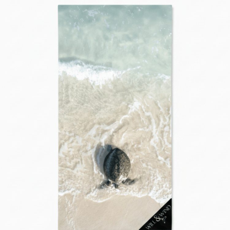 Will & Wind Turtle on Beach nature print towel. Absorbent sand free rPET microfiber holiday towel, delivery Australia wide.