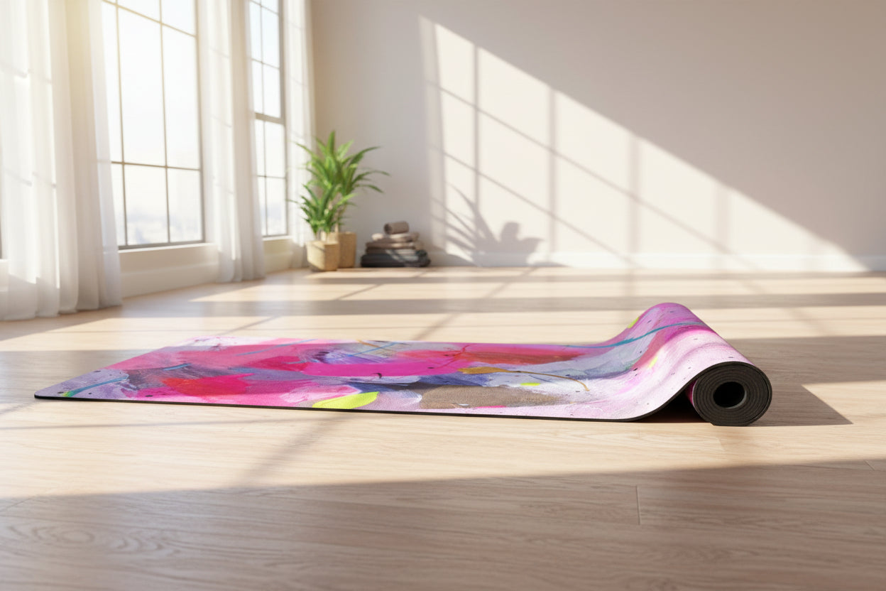 Wild Mingo Flamingle Yoga mat half rolled on a yoga studio floor