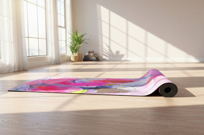Wild Mingo Flamingle Yoga mat half rolled on a yoga studio floor