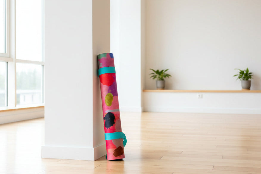 Yoga Mat | Wild Mingo | Joy leaning on a pillar on a wooden floor with large windows and plants in the background