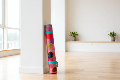 Yoga Mat | Wild Mingo | Joy leaning on a pillar on a wooden floor with large windows and plants in the background