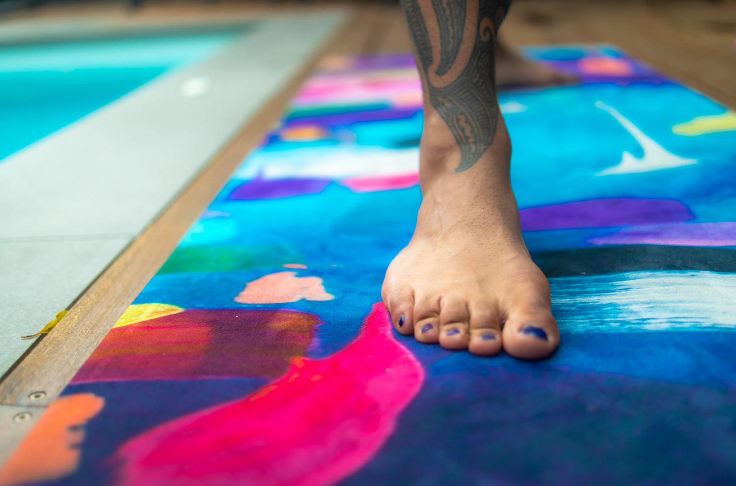 Yoga Mat | Wild Mingo | Swell Recycled Rubber & Microsuede Non-Slip being used on a pool deck